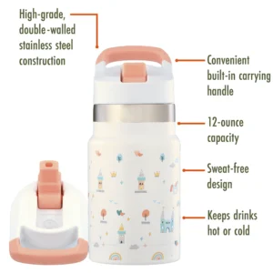 Kid's Double-Wall Stainless-Steel Flip-Top Straw Water Bottle, Castle Vacuum